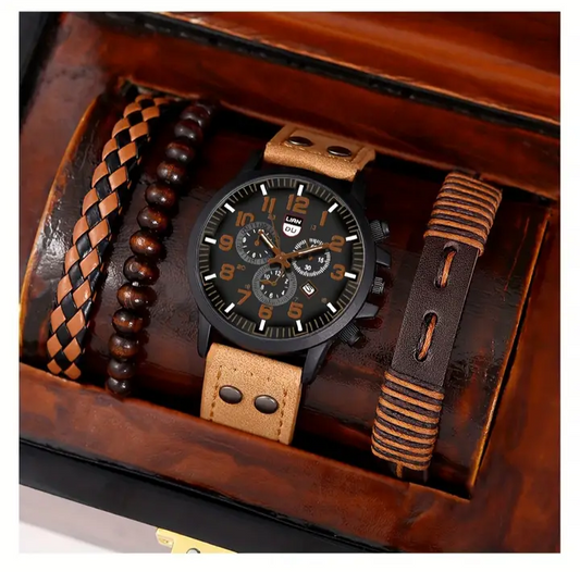 Sleek And Rustic Watch And Bracelet Set For Men