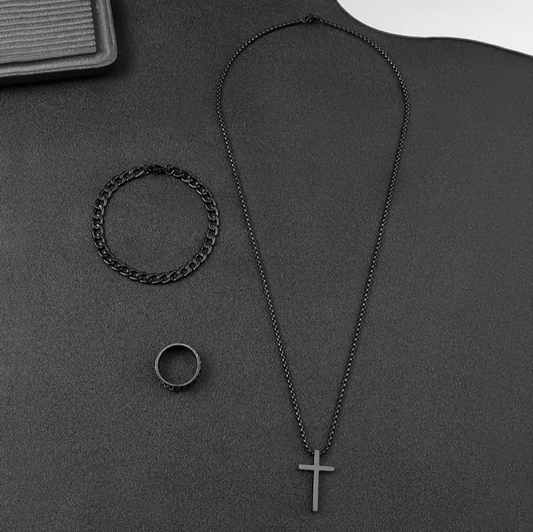 Black tungsten Cross Necklace set with chain Bracelet and Ring